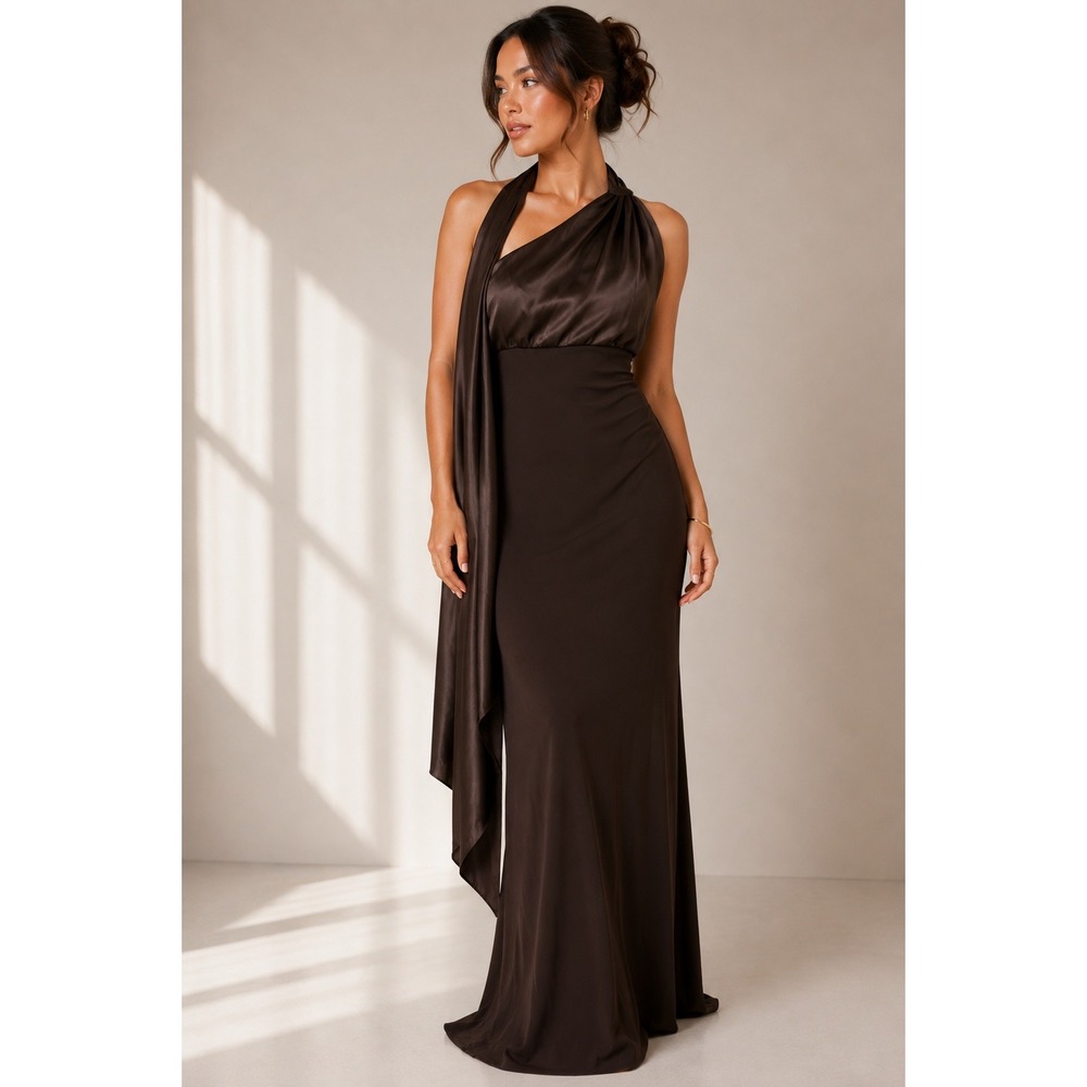 Vintage Y2K Alex Evenings Gown Women L Brown One Shoulder Halter Old Hollywood
